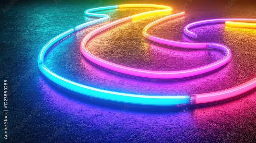 Poster neon light tubes in soft gradient colors forming a curved abstract wave in a modern composition.
