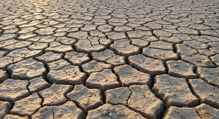 Close-up of cracked, dry earth texture in a desert, with intricate patterns and fine details of arid soil texture