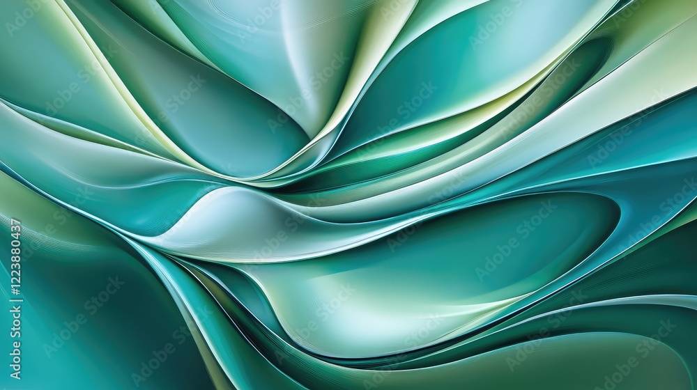Poster smooth waves of emerald green and teal forming dynamic curves, creating an organic and fluid abstrac