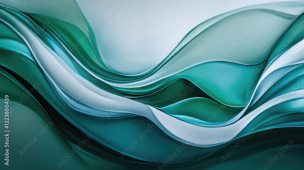 Poster smooth waves of emerald green and teal forming dynamic curves, creating an organic and fluid abstrac