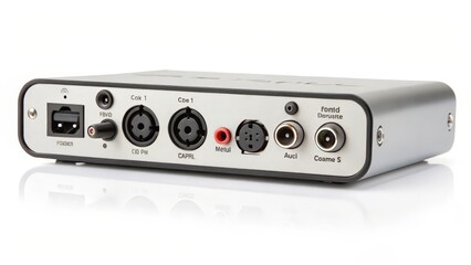 Obraz premium Rear view of a silver audio interface device