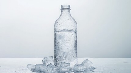 Refreshing cold water bottle with ice cubes.
