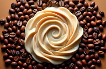 Closeup view of swirl of light brown, white food resembling dessert pastry. Coffee beans scattered around swirl. Seems to delicious confectionery baked good. May coffee-themed dessert. Image could