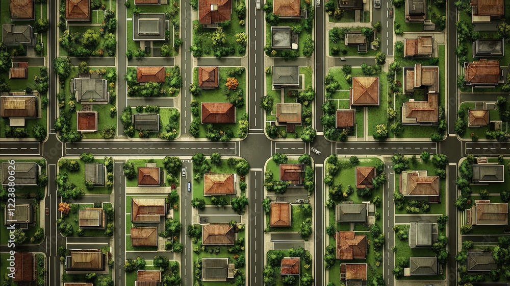 Poster top-down aerial view of a city grid, showing symmetrical roads, rooftops, and green spaces with no c