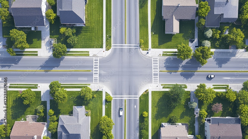 Poster top-down aerial view of a city grid, showing symmetrical roads, rooftops, and green spaces with no c
