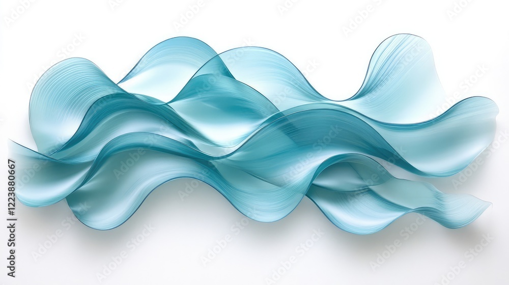 Poster transparent layers of soft blue waves overlapping against a white background, creating an elegant an