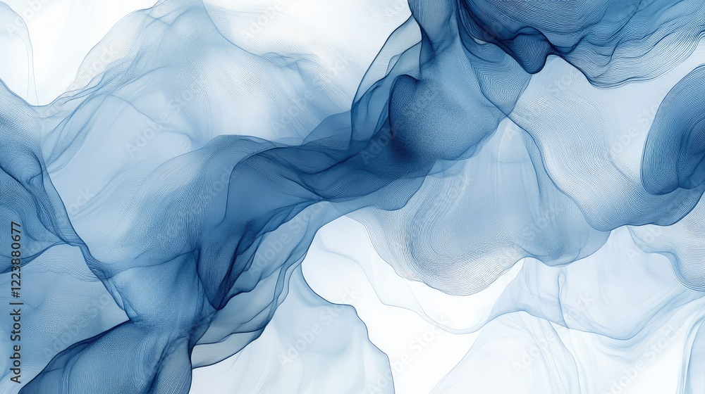 Poster transparent layers of soft blue waves overlapping against a white background, creating an elegant an