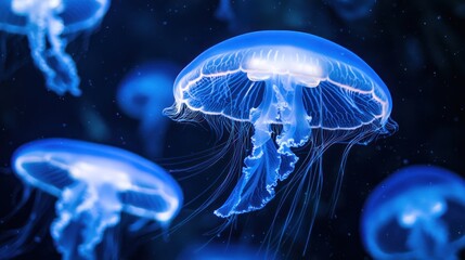 A group of glowing jellyfish floating gracefully in deep blue water