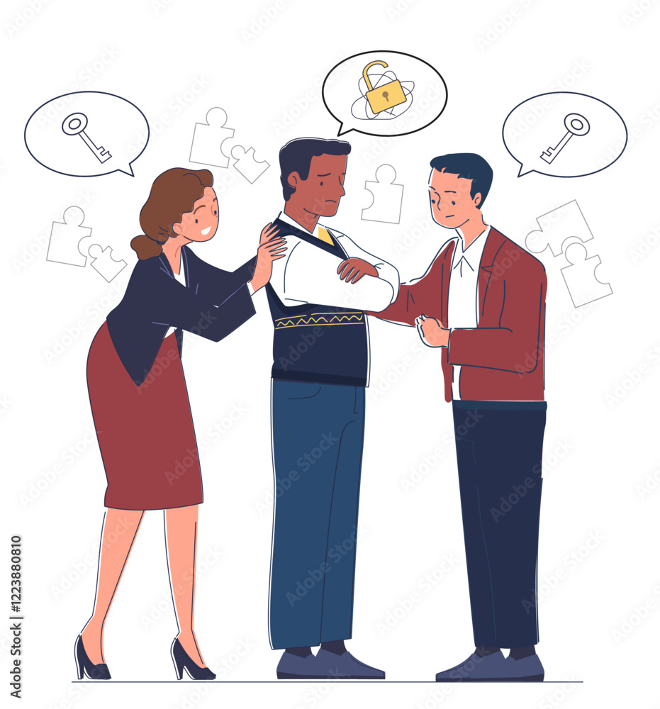 Poster three people discussing and supporting each other, with speech bubbles showing key and lock symbols.