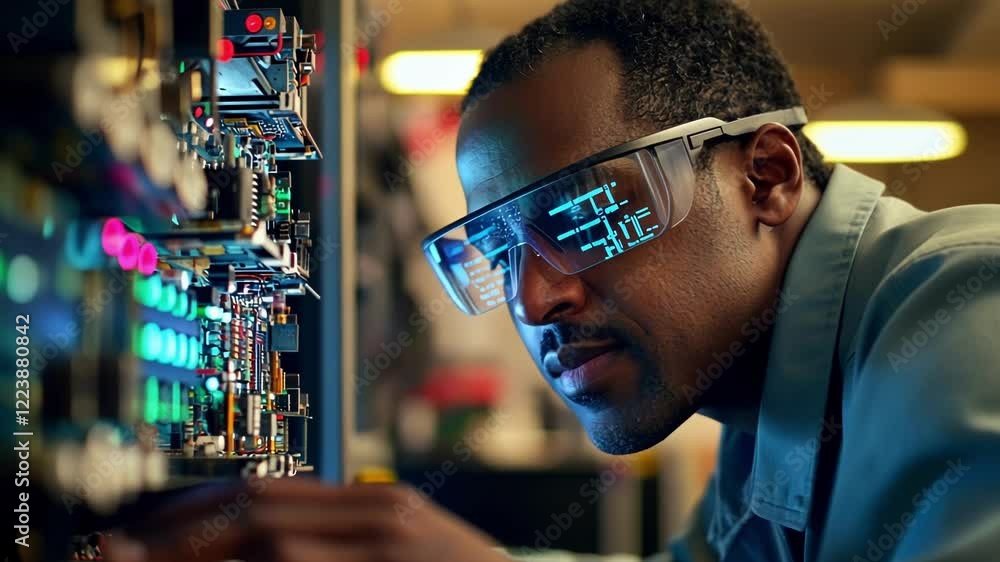 Poster black electronics engineer inspecting complex circuit board using augmented reality glasses, working