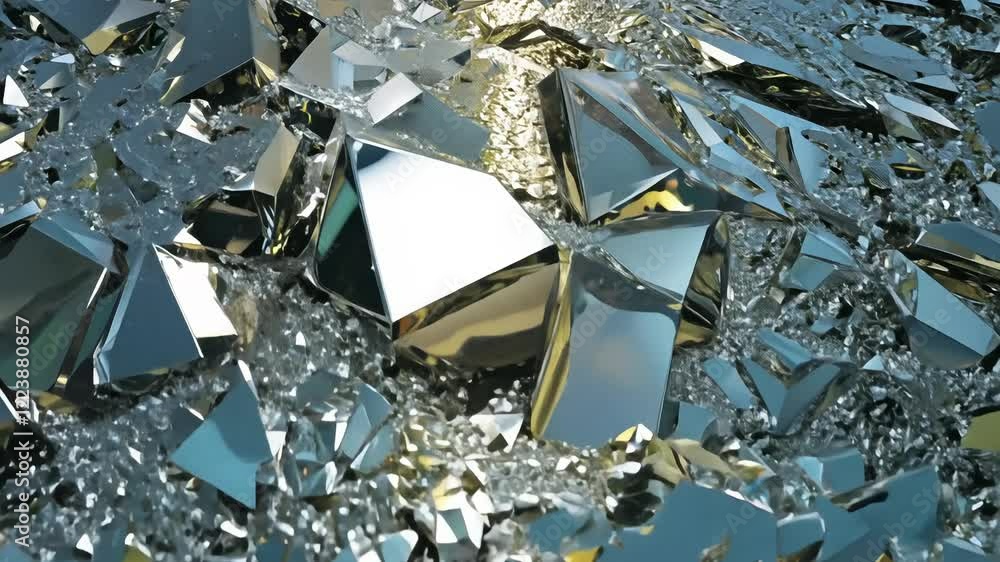 Poster contrasting pan video of fractured, shattered patterns in metallic silver and gold, sharp edges and 