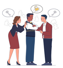 Three people discussing and supporting each other, with speech bubbles showing key and lock symbols. Puzzle pieces in background. Concept of teamwork. Vector illustration