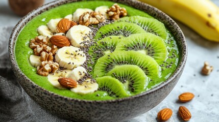 A healthy green smoothie bowl decorated with sliced kiwi, banana, and nuts