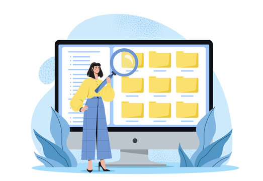 A woman holding a magnifying glass stands before a desktop screen displaying yellow folders. Flat design style, light abstract background. Concept of file search. Vector illustration