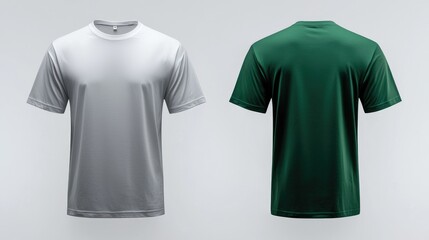 White and green t-shirts, front and back views, on a plain background; perfect for apparel design mockups
