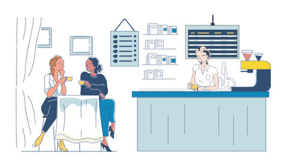 Two women enjoy coffee at a cafe while a barista prepares drinks behind the counter. Cozy atmosphere with books and decor. Concept of socializing. Vector illustration