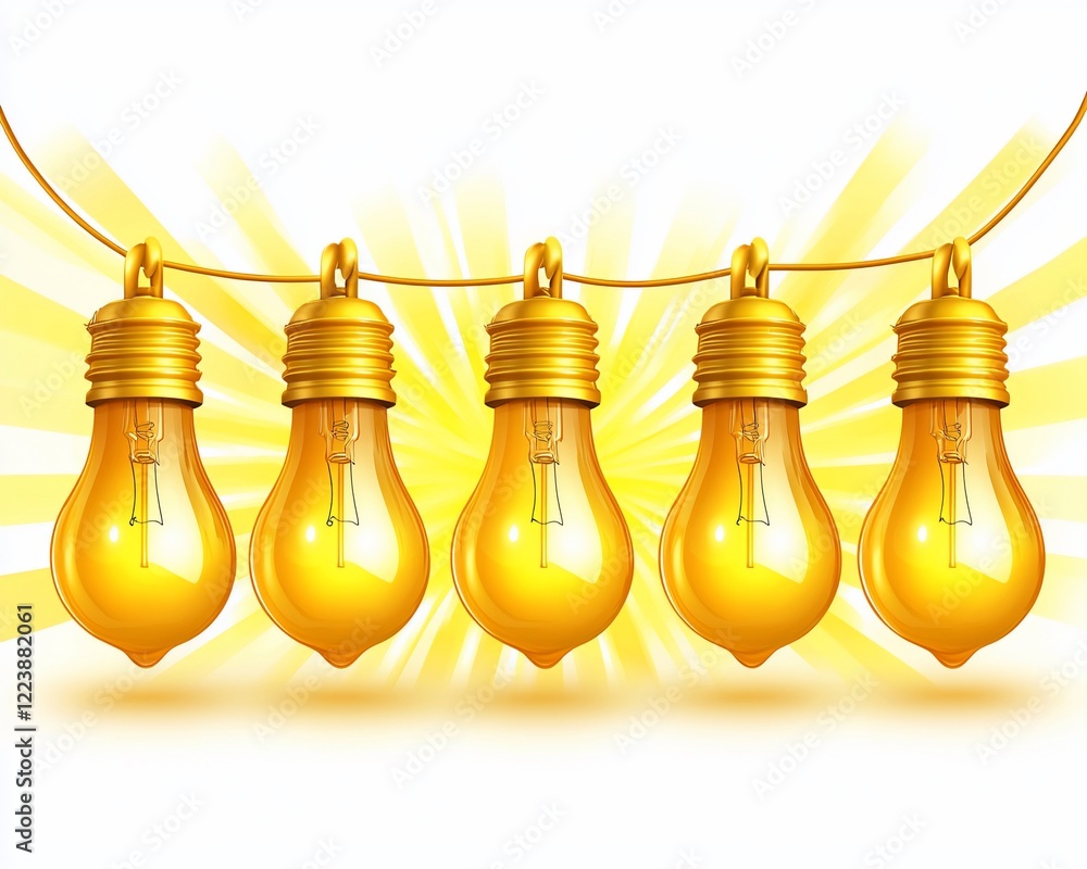 Poster five glowing yellow lightbulbs hanging on a string against a sunburst background.