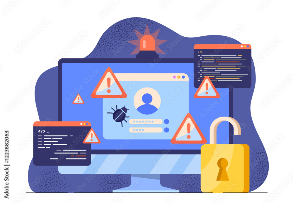 Poster computer screen with warning signs, bug icons, and coding elements on a modern background, represent