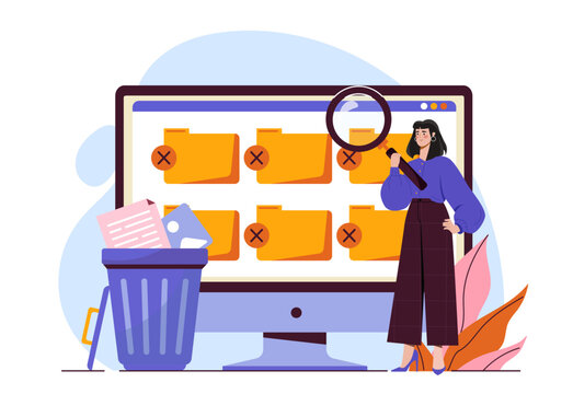 Woman examining a computer screen with deleted file folders. Trash with discarded documents in the foreground. Flat style, white background. Data loss concept. Vector illustration