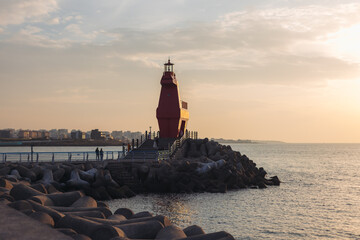 Iho Tewoo Horse Lighthouses on Iho Tewoo beach, with two horse-shaped lighthouses, white horse...