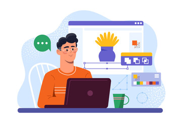 Man using a laptop, creating graphic designs in a workspace with design tools and color palettes, on a light abstract background. Flat cartoon vector illustration