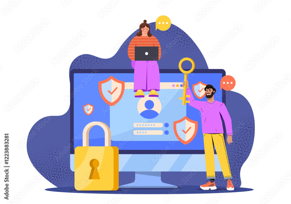 Poster people securing online data with a key and padlock, sitting near a desktop with shields and login cr