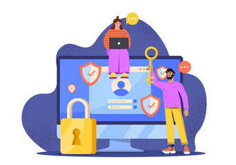 People securing online data with a key and padlock, sitting near a desktop with shields and login credentials, on a white background. Concept of cybersecurity. Vector illustration