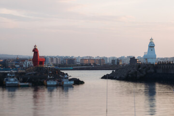 Iho Tewoo Horse Lighthouses on Iho Tewoo beach, with two horse-shaped lighthouses, white horse...