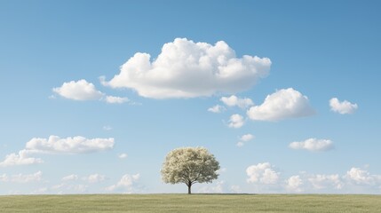 Solitary tree, green field, blue sky, fluffy clouds; nature serenity