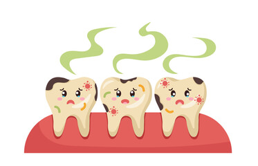 Cartoon illustration of three decayed teeth with bacteria, discoloration, and bad breath on a red gum background. Dental health and hygiene concept. Vector illustration