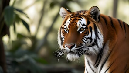 Fototapeta premium Regal close-up portrait of a tiger in a lush environment, showcasing wilderness beauty
