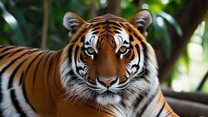 Fototapeta premium Close-up portrait of a majestic tiger with vivid colors in a natural habitat, wildlife photography