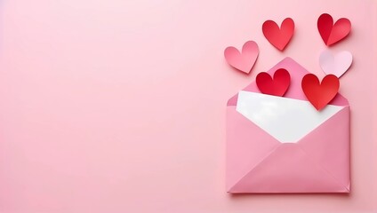 Top view of copy space on left side for text surrounded by a blank white card in pink envelope and hearts shape, isolated on pink pastel background, Valentine's Day celebration concept