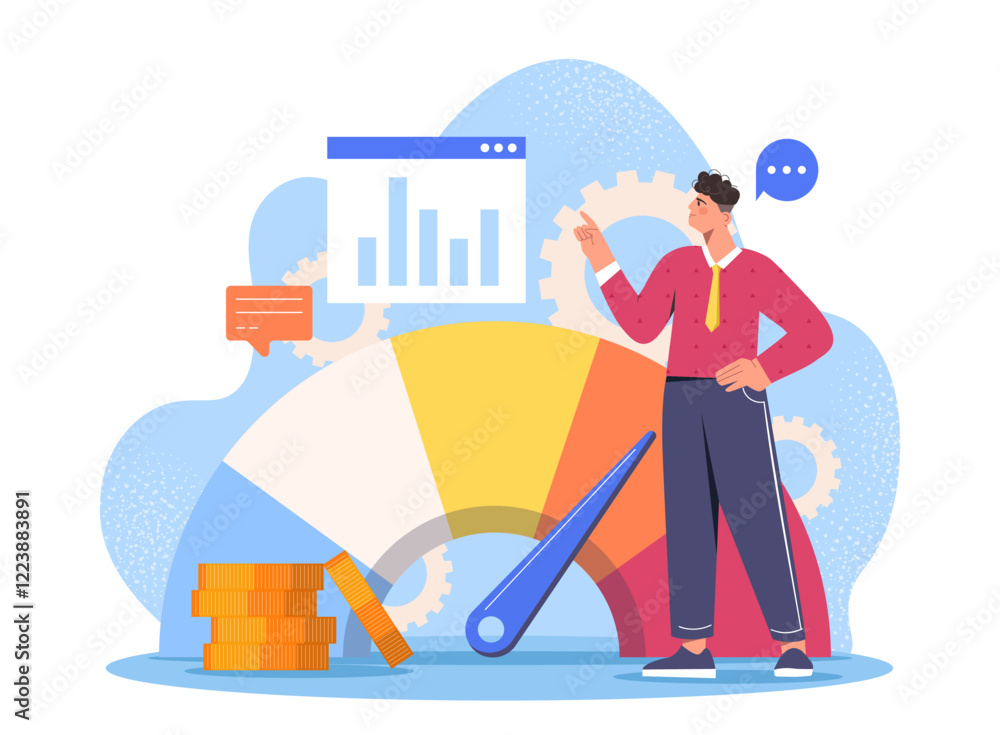 Poster a man analyzing a performance meter, with coins, gears, and a chart in the background. flat style on