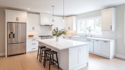 Fototapeta premium Modern Bright Kitchen with White Cabinets, Marble Countertop and Stylish Bar Stools in Cozy Home Environment