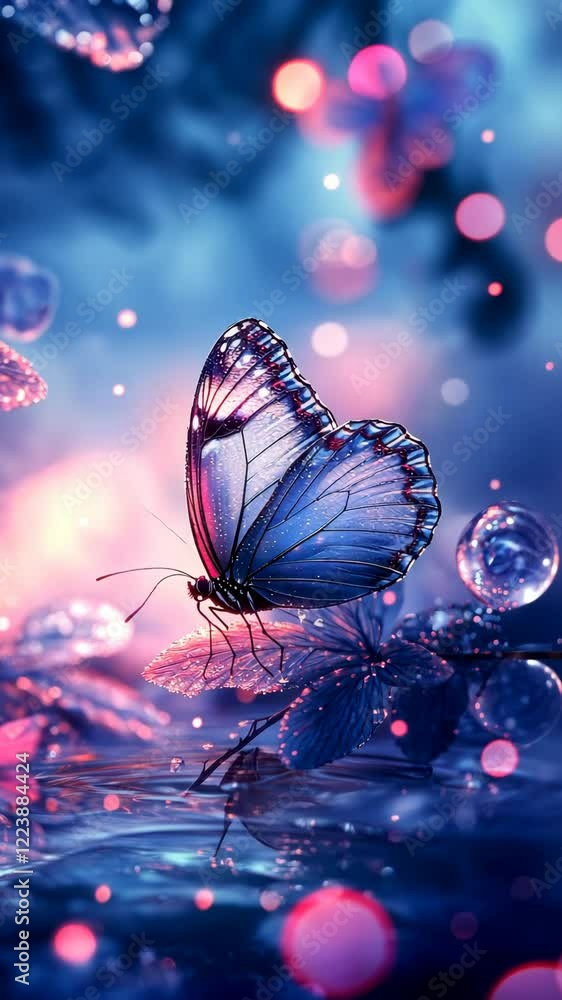 Poster beautiful butterfly perched on water surface amidst colorful bubbles and soft light in serene twilig