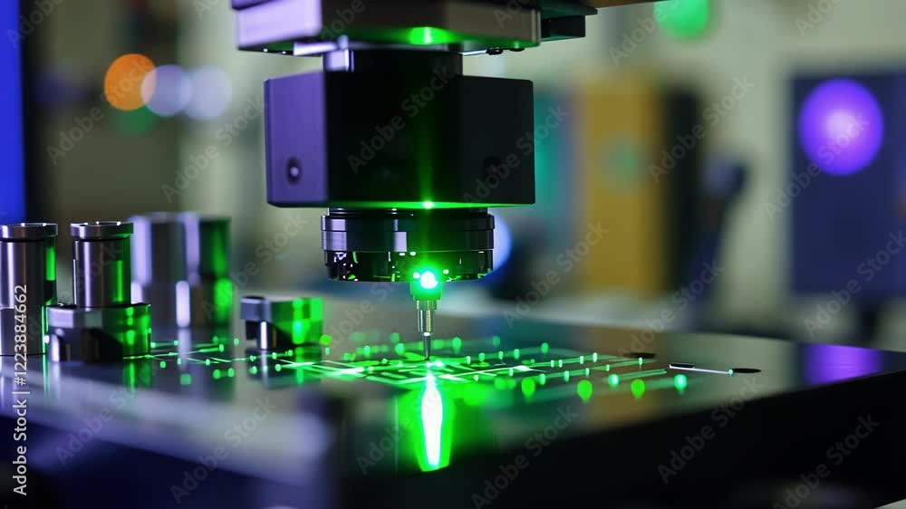 Aufkleber green laser engraving machine is engraving a metal part in a factory, creating a precise and intrica