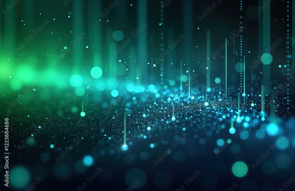 Poster Abstract digital image shows vibrant green, blue light streams. Data flow concept. Futuristic cyber tech. Dynamic visual of glowing streams with many points of light. Glowing bright tech streams in