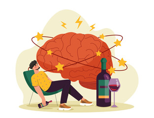 A man sitting with wine, large brain in the background with stars and lines, colorful flat graphic style, light backdrop. Concept of alcohol effects. Vector illustration
