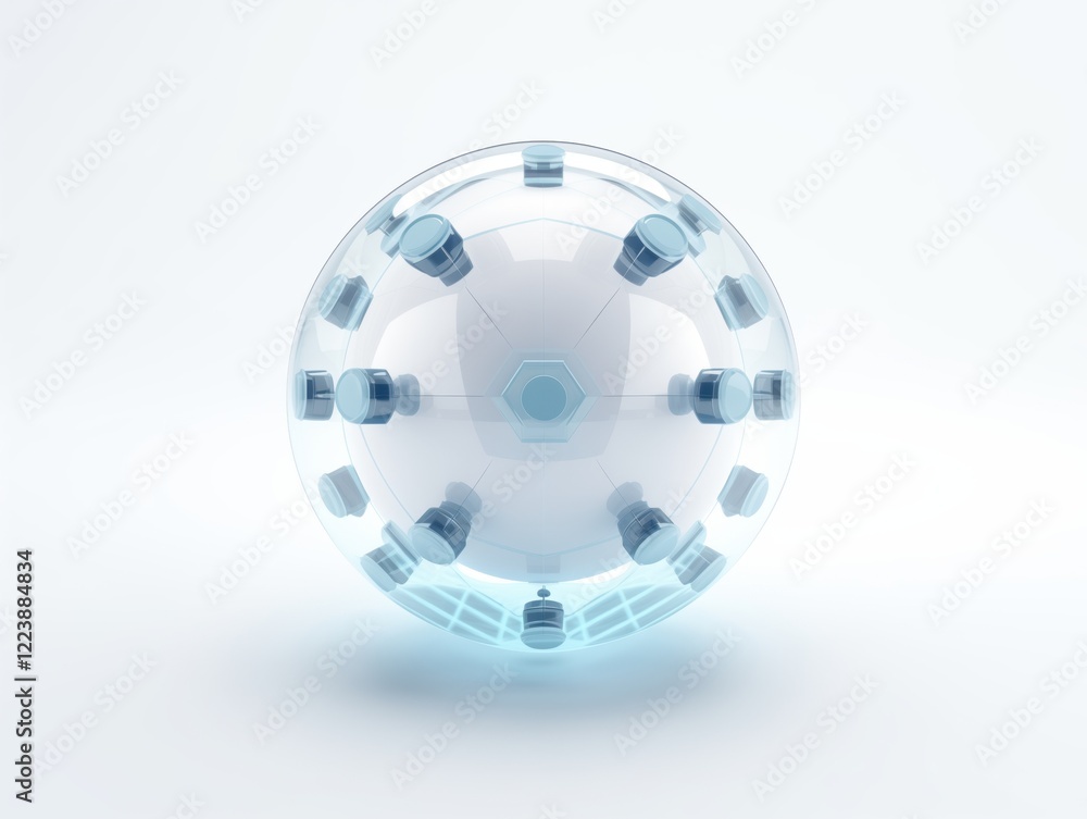 Poster transparent spherical object with hexagonal design and blue accents