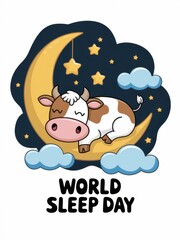 Obraz premium Cute cow sleeping on a crescent moon for World Sleep Day celebration