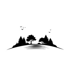 Serene Landscape: Minimalist Black and White Silhouette of Trees, Birds, and Rolling Hills
