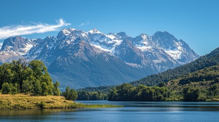 A breathtaking view of towering snow-capped mountains under a clear blue sky