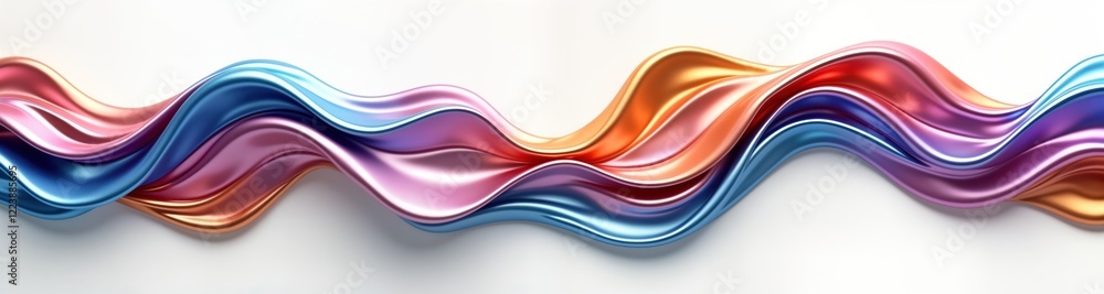 Poster Multicolored metallic abstract wave design. Flowing smooth shapes create dynamic pattern. Vibrant colors, glossy surface suggest futuristic luxury style. Isolated on white background. Suitable for