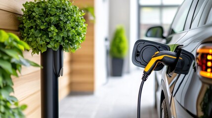 Electric vehicle charging mechanism in modern residential garage with lush indoor plants and stylish design
