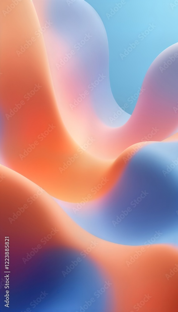 Poster Abstract design with smooth flowing orange, blue tones. Modern art piece with vibrant colors. Fluid shapes create visual interest. Gentle curves, gradients provide soft transitions. Artwork evokes