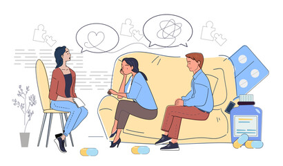 A couple discussing issues with a therapist, seated on a couch in a counseling session. Pills and medication bottles in the background. Flat cartoon line art vector illustration