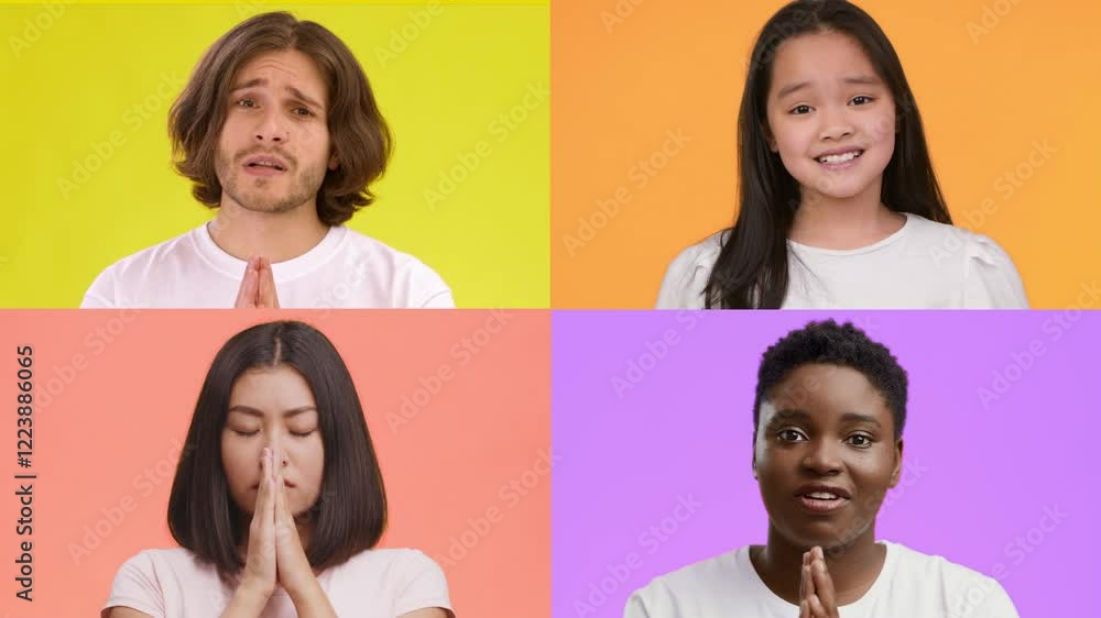 Poster A collection of four individuals from different backgrounds displaying a range of emotions through gestures. Each person is in a distinct color panel, showcasing diversity and connection.