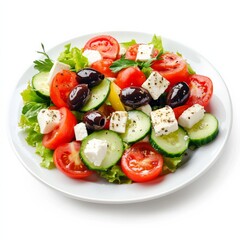 A colorful plate of Greek salad with tomatoes, cucumbers, and feta cheese