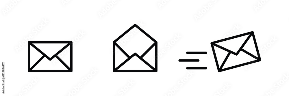 Poster envelope icon in different states: closed, open, and sending, email message icon - Mail icon button sign, notification new message icons buttons. editable stroke